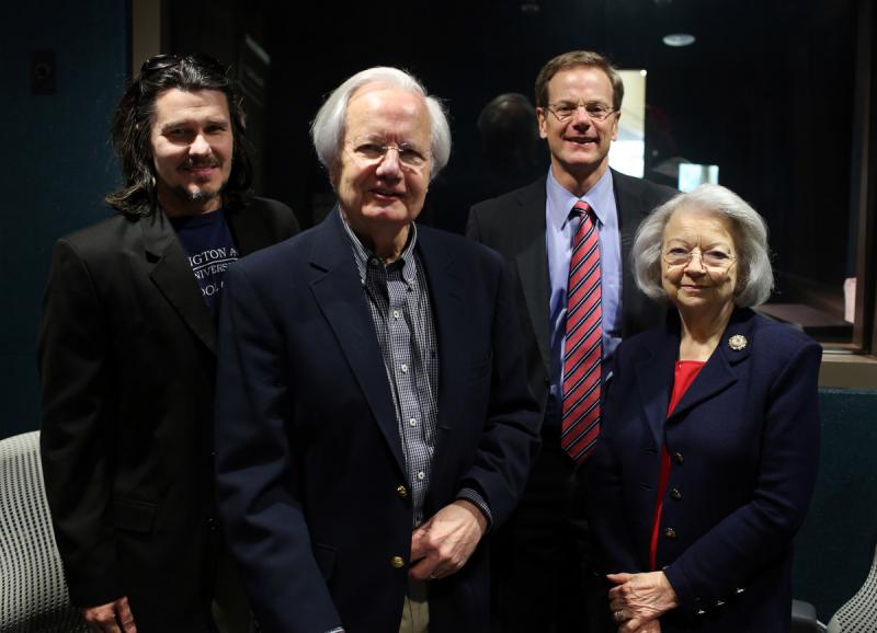 Texas Standard's David Brown (left) recently sat down with Bill, William and Judith Moyers for a discussion of addiction.