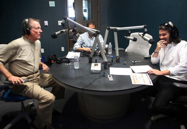 From left to right: UT-Austin President Bill Powers, UT spokesperson Gary Susswein and KUT’s David Brown in the KUT studios at the Belo Center for New Media.