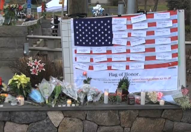 A makeshift memorial to the victims of the Sandy Hook mass shooting.