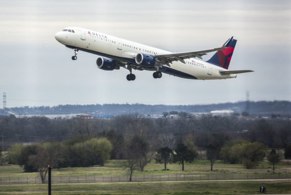 A Delta Air Lines flight departs from Austin-Bergstrom International Airport.