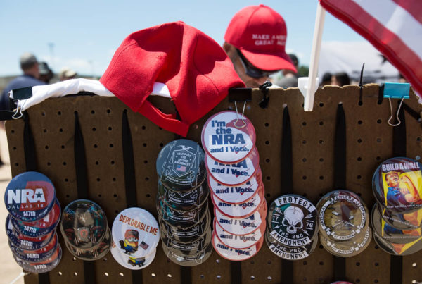 buttons on display at a national rifle association convention