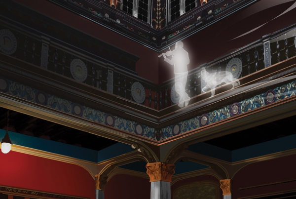 Illustration of ghostly figures in the Julia Ideson Building of the Houston Public Library.