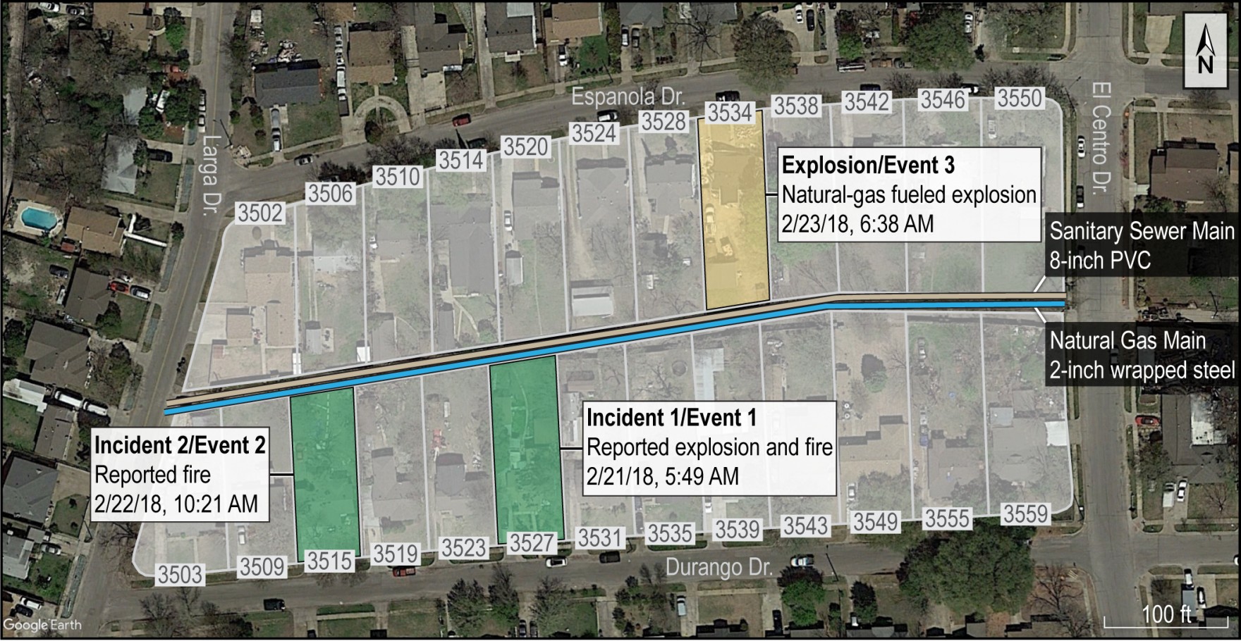a map with colors indicating where gas leaks under houses led to an explosion in dallas