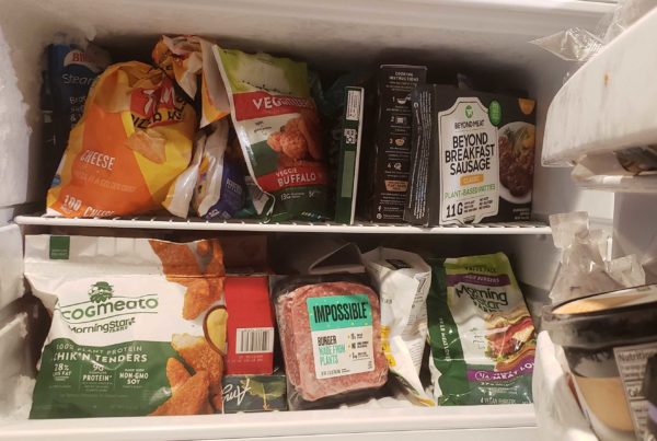 an open freezer displaying a variety of vegetarian meat options