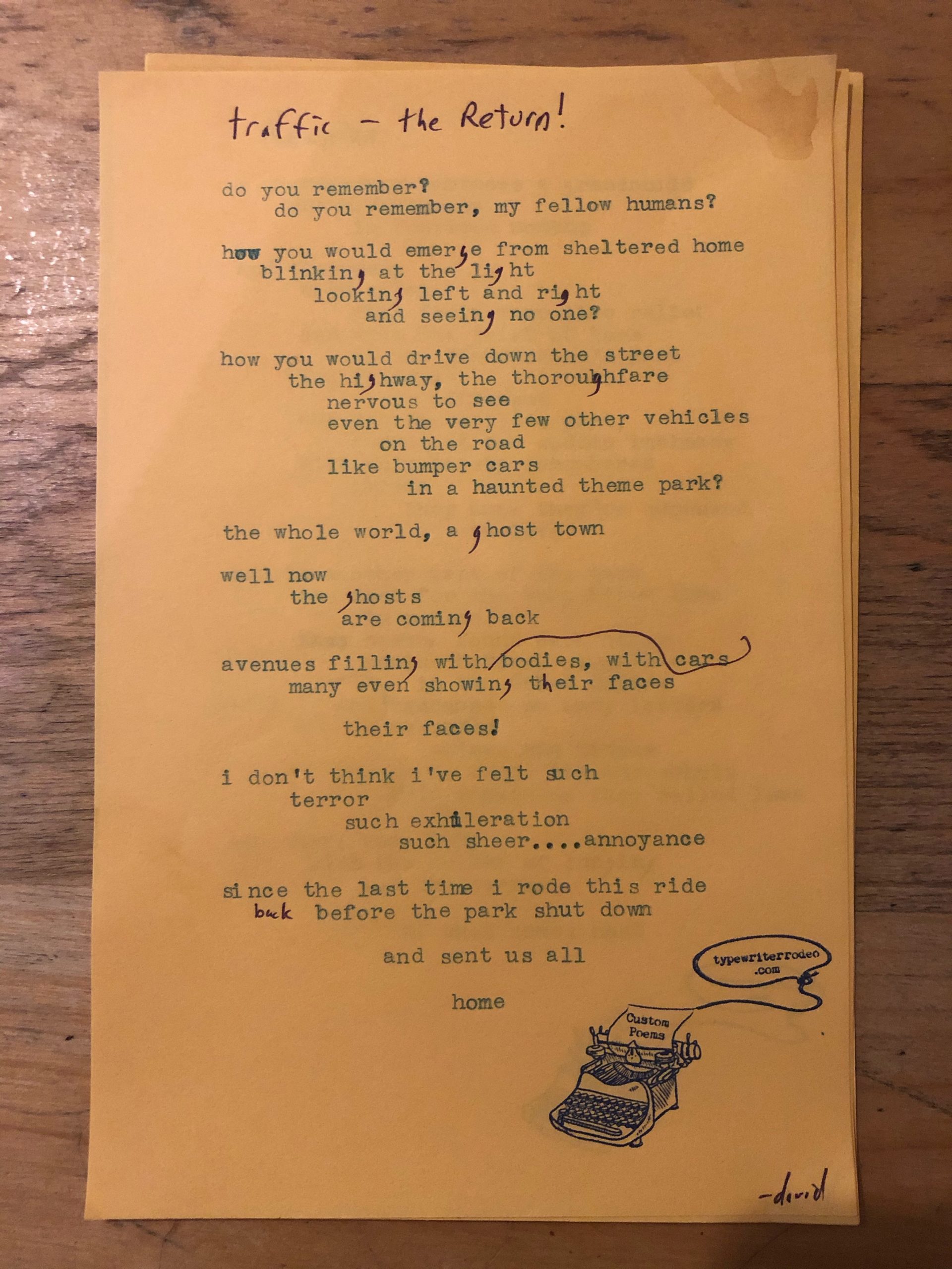 photo of typewritten poem on a small, yellow sheet of paper