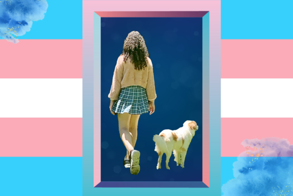 a young woman and her dog over a pink and blue transgender pride flag