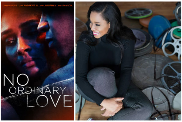 movie poster with couple hugging, filmmaker Chyna Robinson sitting with film equipment