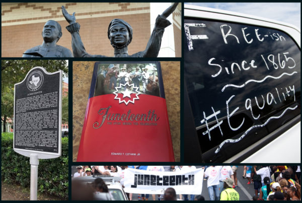 a collage of images about Juneteenth including an historical marker, a sculpture, and parade images