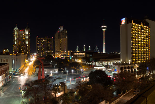 s nightimte view of San Antonio, including the Hemisphere Tower