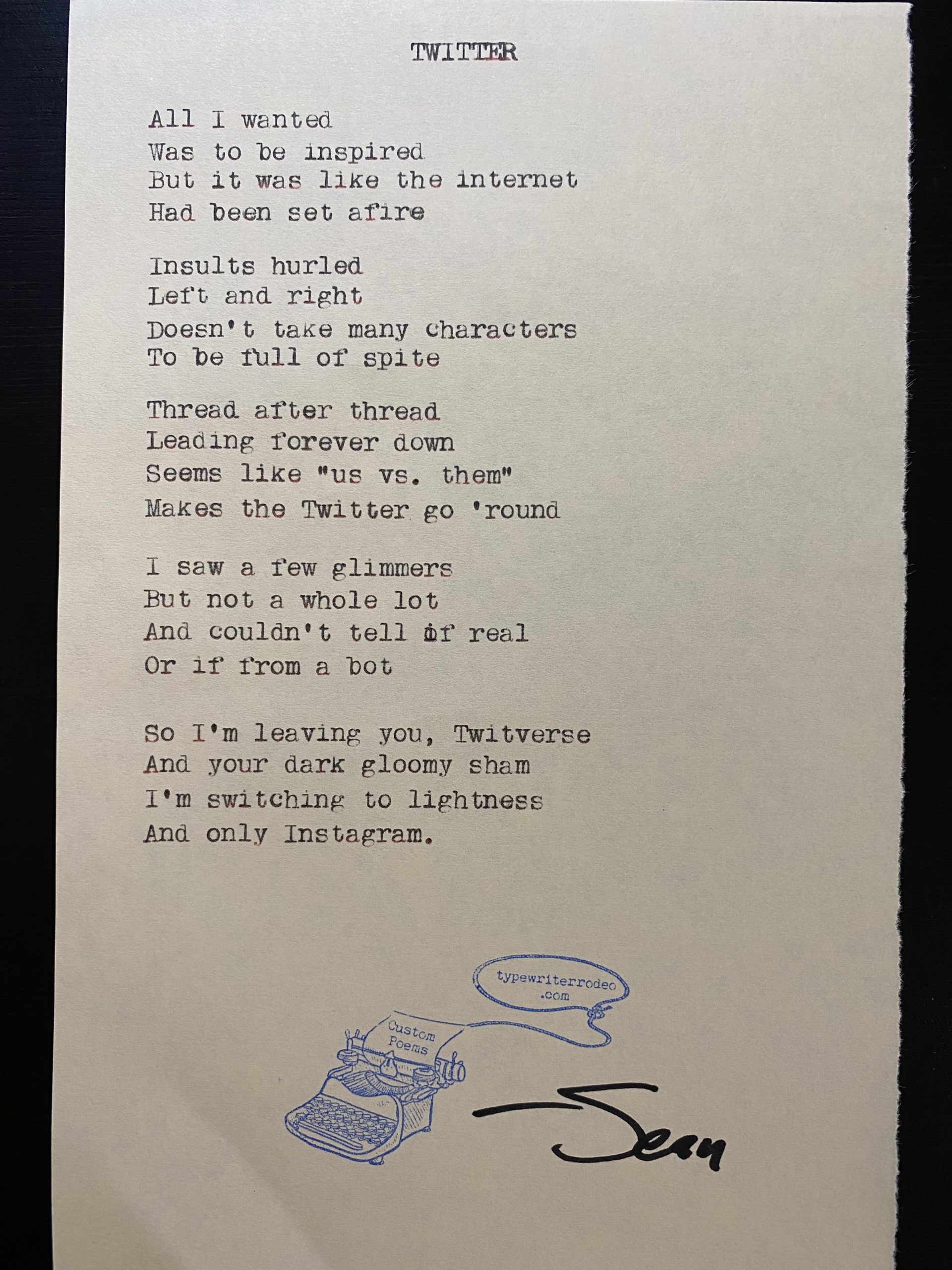 photo of the typewritten poem on a half sheet of paper