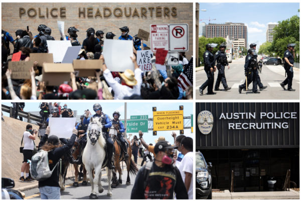 a photo collage including images of protesters, police offers and a banner for Austin police recruiting