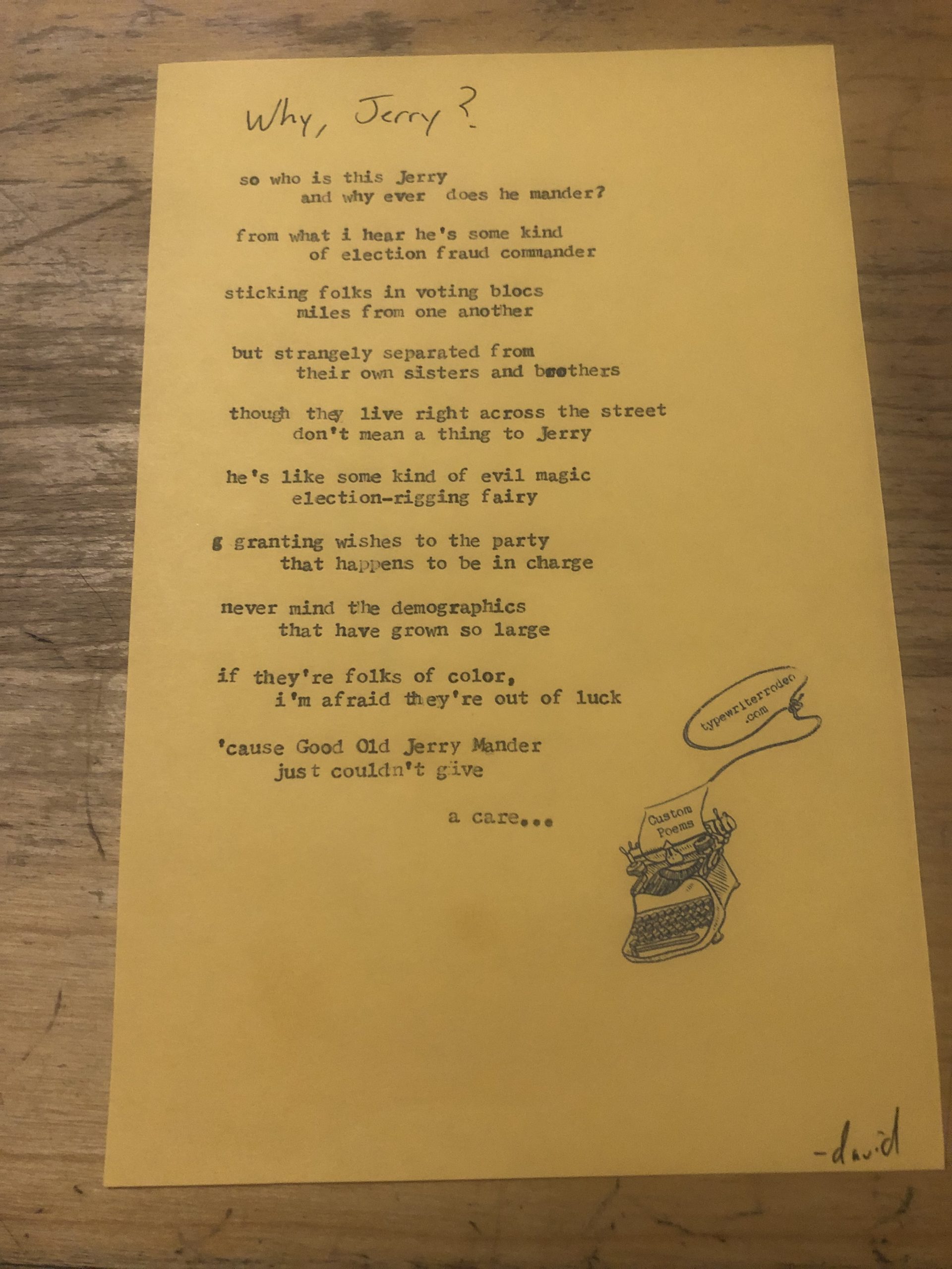 a photo of the typewritten poem on a yellow, torn piece of paper