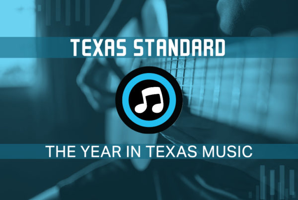 Illustration with the words "Texas Standard: The Year in Texas Music" with a musical note app icon in the center of the image