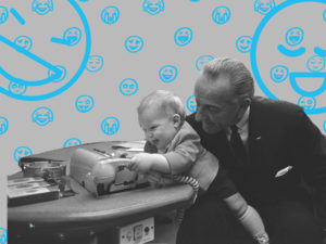 A smiling LBJ hoists a baby on his lap amid a whimsical background in this art.
