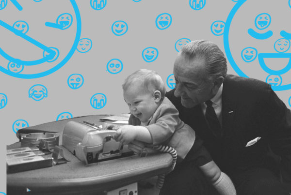 A smiling LBJ hoists a baby on his lap amid a whimsical background in this art.