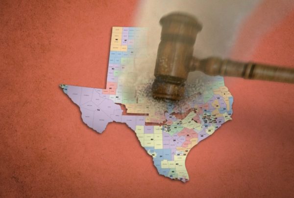 An illustration of a Texas map with cracks in it, and a gavel making contact with an area roughly corresponding to North Texas