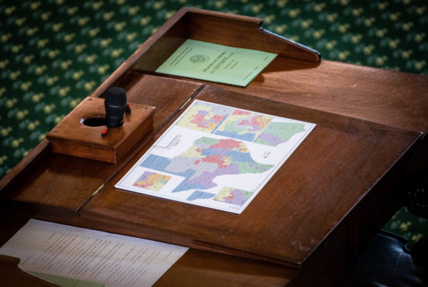Voting district maps on the desks of legislators, as part of redistricting efforts in the Senate, at the Texas State Senate on the opening day of the third Special Session of the 87th Legislative Session at the Texas State Capitol on Sep. 20, 2021.