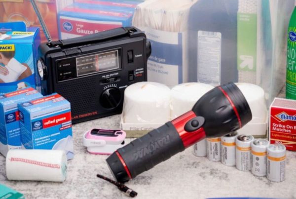a radio, flashlight batteries and other emergency supplies