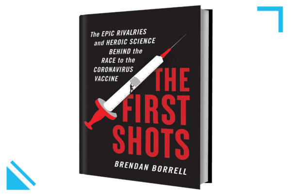 a book cover of First Shots with the title in red and a large graphic of a white and red syringe next to it