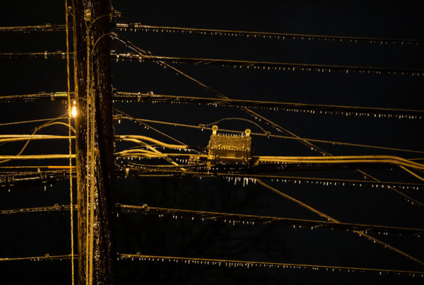 Power lines covered in ice during the Texas' February 2022 winter storm