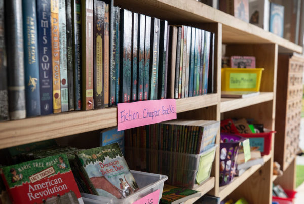 a wooden shelf with several kids library books and a label that says fiction chapter books