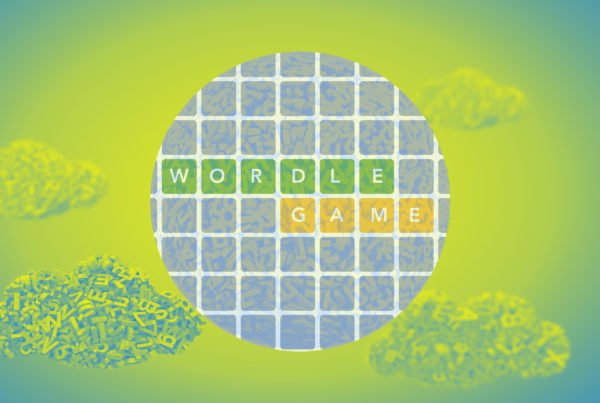 a photo illustration of a globe made of letters and an overlay of a grid with the words "wordle game" surrounded by a green and yellow cloudscape also made of letters