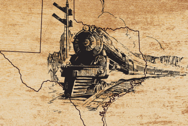 An image of a speeding steam train in bursting through the outline of Texas.
