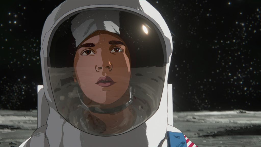 a still of an animated film shows a boy in a space suit on the surface of the moon