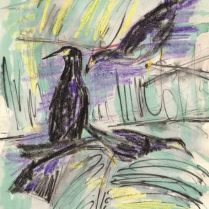 an expressionist drawing with three black birds with pointy beaks and pale green, purple and yellow scribbles around them