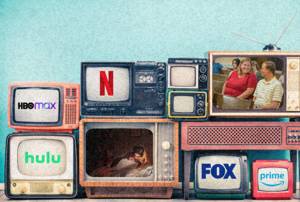 drawings of old TVs stacked on top of them with logos from TV networks and streaming services