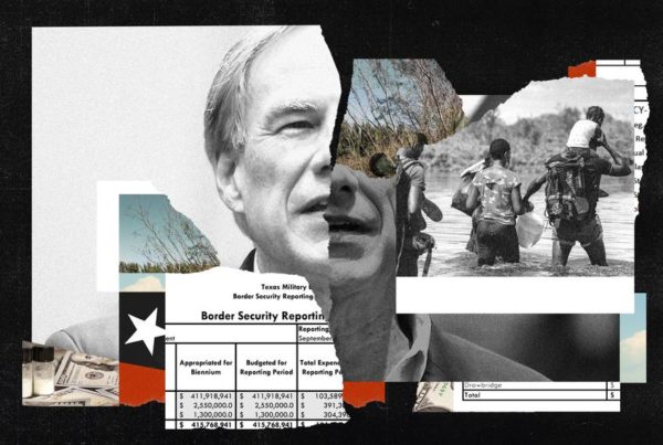 A photo illustration including a collage of several images: Greg Abbott, military troops, and a state document related to border security