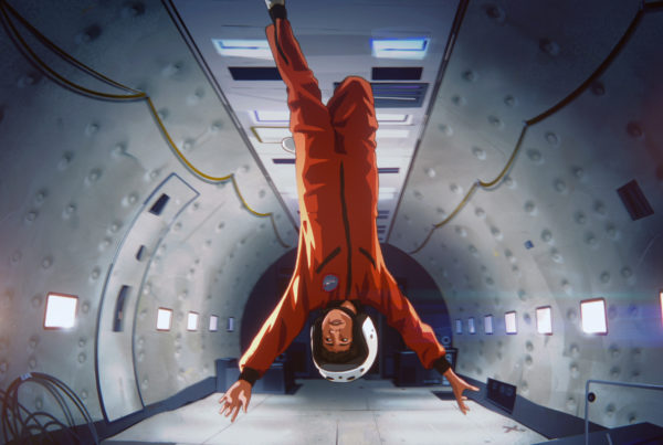 an animated still from the film shows a boy in an orange spacesuit and helmet floating upside down in a space module