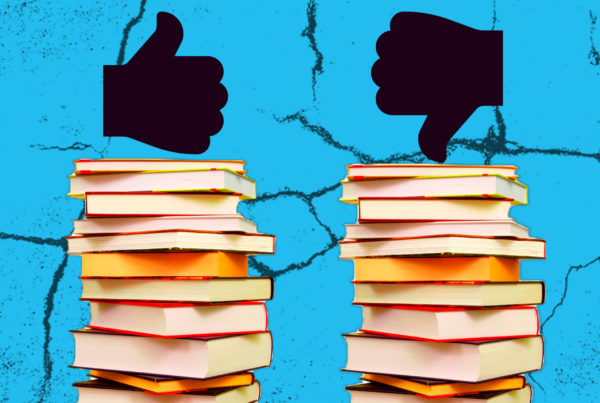 two piles of unidentifiable books sit on a blue background full of cracks, there's a black icon of a thumbs up over one pile and a black icon of a thumbs down over the other
