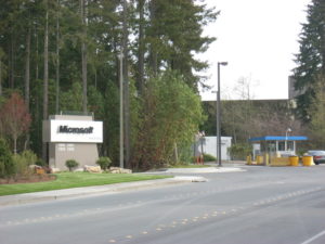 an entrance gate at Microsoft headquarters in Washington State