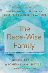 An image of the front cover of the book "The Race-Wise Family" features gold text on a blue and green watercolor background with the outline of a house.