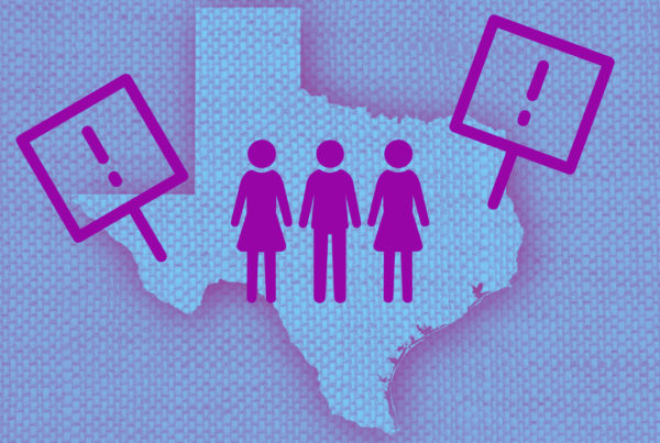An illustration with the shape of Texas on a textured background in light blue and purple relief with the shapes of three people in the foreground and signs with exclamation marks on them.