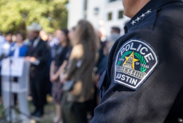 A close-up shot of an Austin police officer's shoulder patch