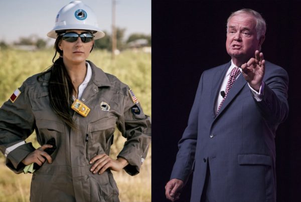 A two-panel candidate photo shows Sarah Stogner on the left in a jumpsuit and hard hat, and Wayne Christian on the right in a suit
