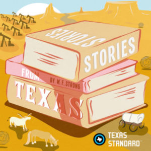 an illustration showing a western desert landscape with three large books reading "stories from Texas" on the spines. a horse, longhorn cow, and covered wagon are in the foreground while several oil pump jacks are in the background