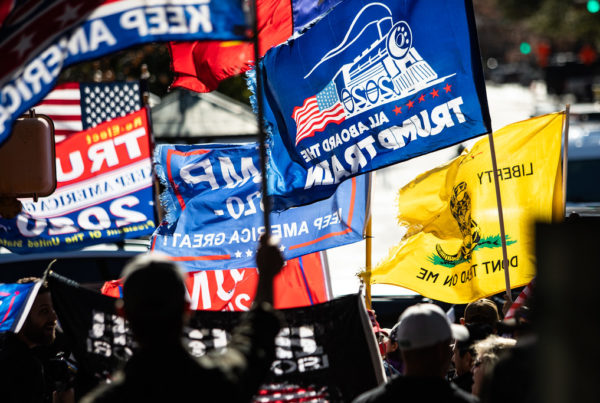 A photo shows about a dozen flags being held by protestors supporting Donald Trump.