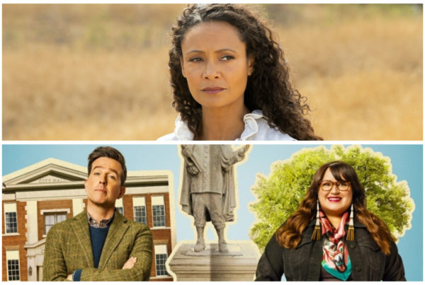 A split-screen shows two images: Thandie Newton on "Westworld" stands in a field on the top. Ed Helms and Jana Schmieding pose in front of a city scene on the bottom.