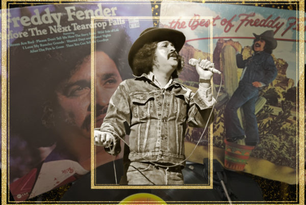 A collage of Freddy Fender singing against a golden backdrop of his albums