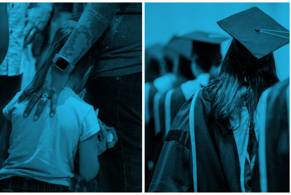 An illustration show two blue and black colorized photos side by side. On the left are the backs of a young girl holding a teddy bear and an adult comforting her. On the right are the backs of a line of students in caps and gowns.