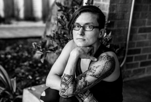 A black-and-white portrait of journalist Keri Blakinger