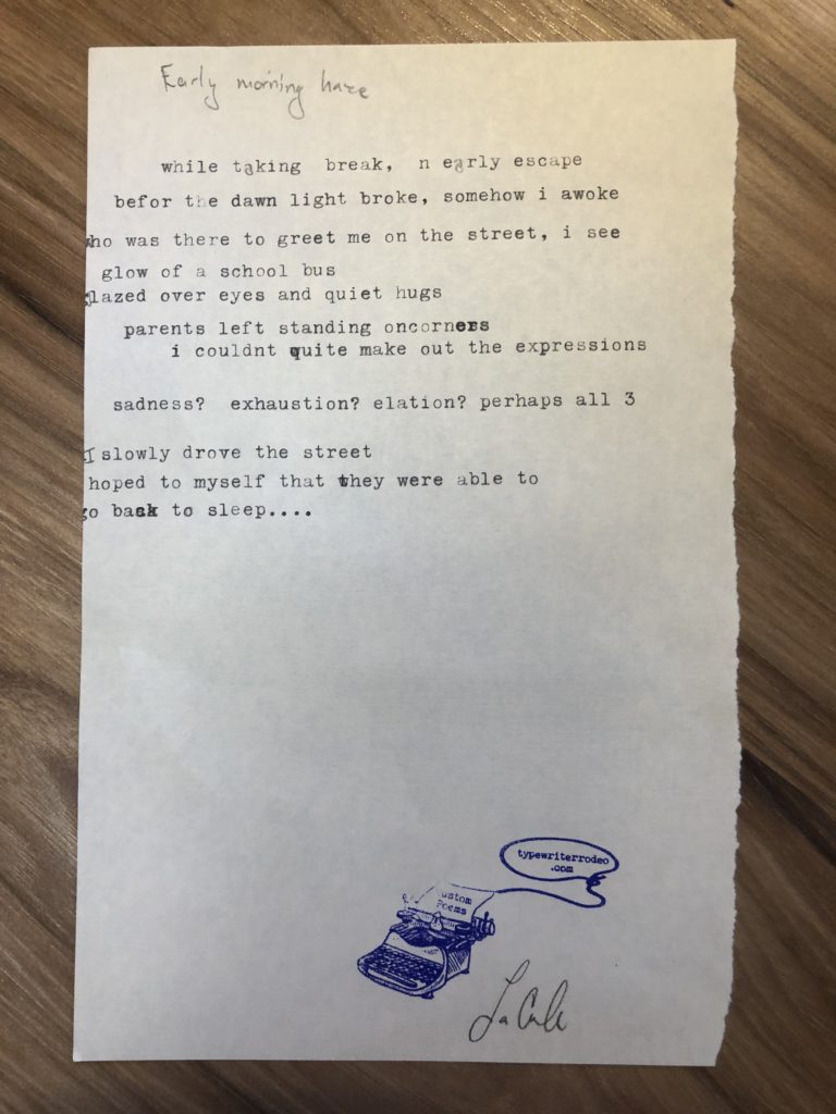 a photo of the typewritten poem on a half sheet of paper.