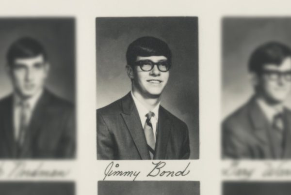 A photo of an old high school year book page shows a black and white picture of a young man in glasses named "Jimmy Bond."