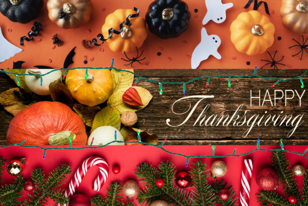 A Halloween scene with ghost and bat cutouts and pumpkins is layered over an image of a wooden table and pumpkins with the words "Happy Thanksgiving" which, in turn, is layered above an image of candy canes, ornaments and garland.