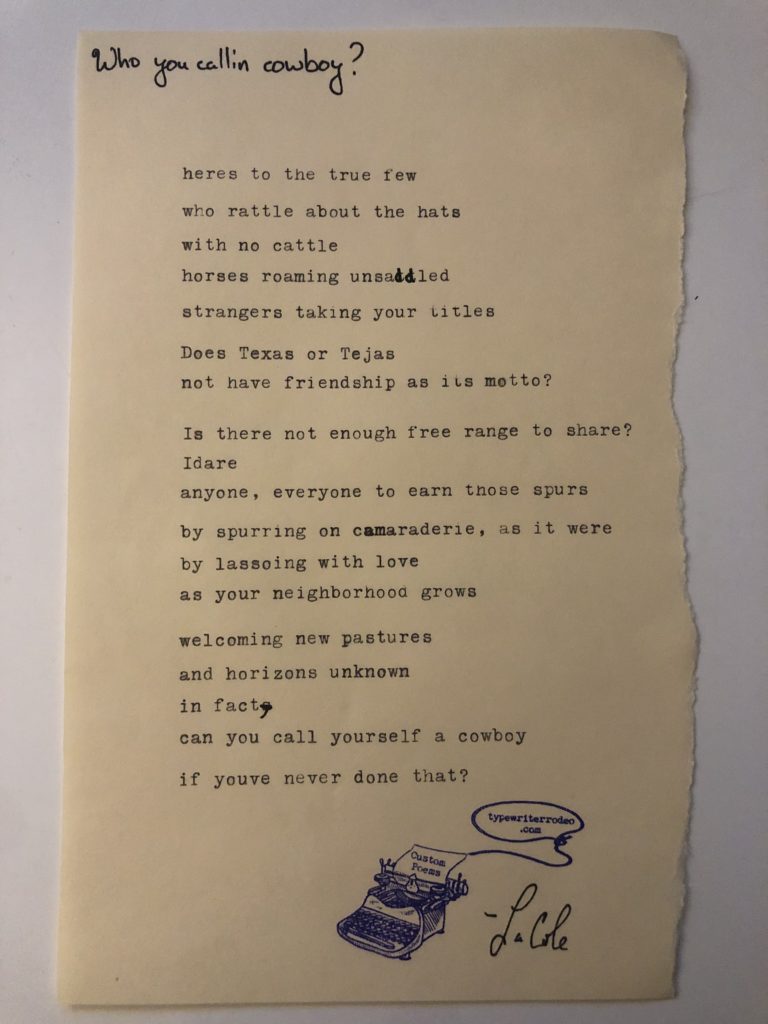 a photo of the typewritten poem on a torn piece of yellow paper