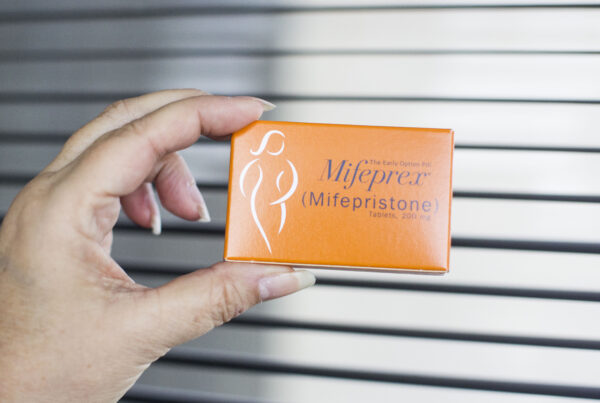 A close up of a box of mifepristone, the abortion-inducing medication, is seen.