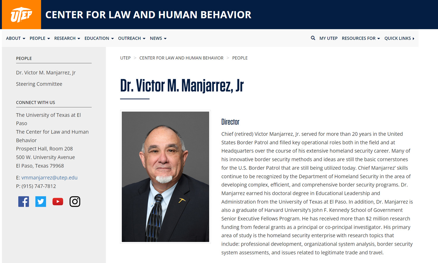 A screenshot of Victor Manjarrez Jr.’s bio at the UTEP website is seen.